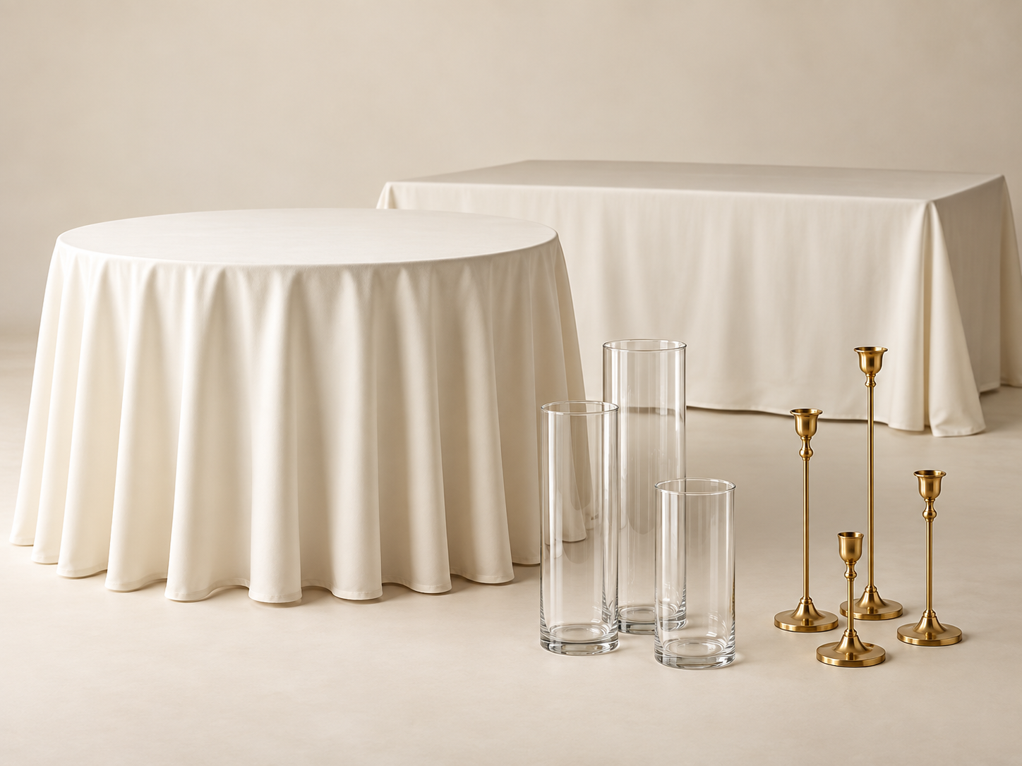 Representative round and rectangular tablecloths, cylinder vases and candle holders
