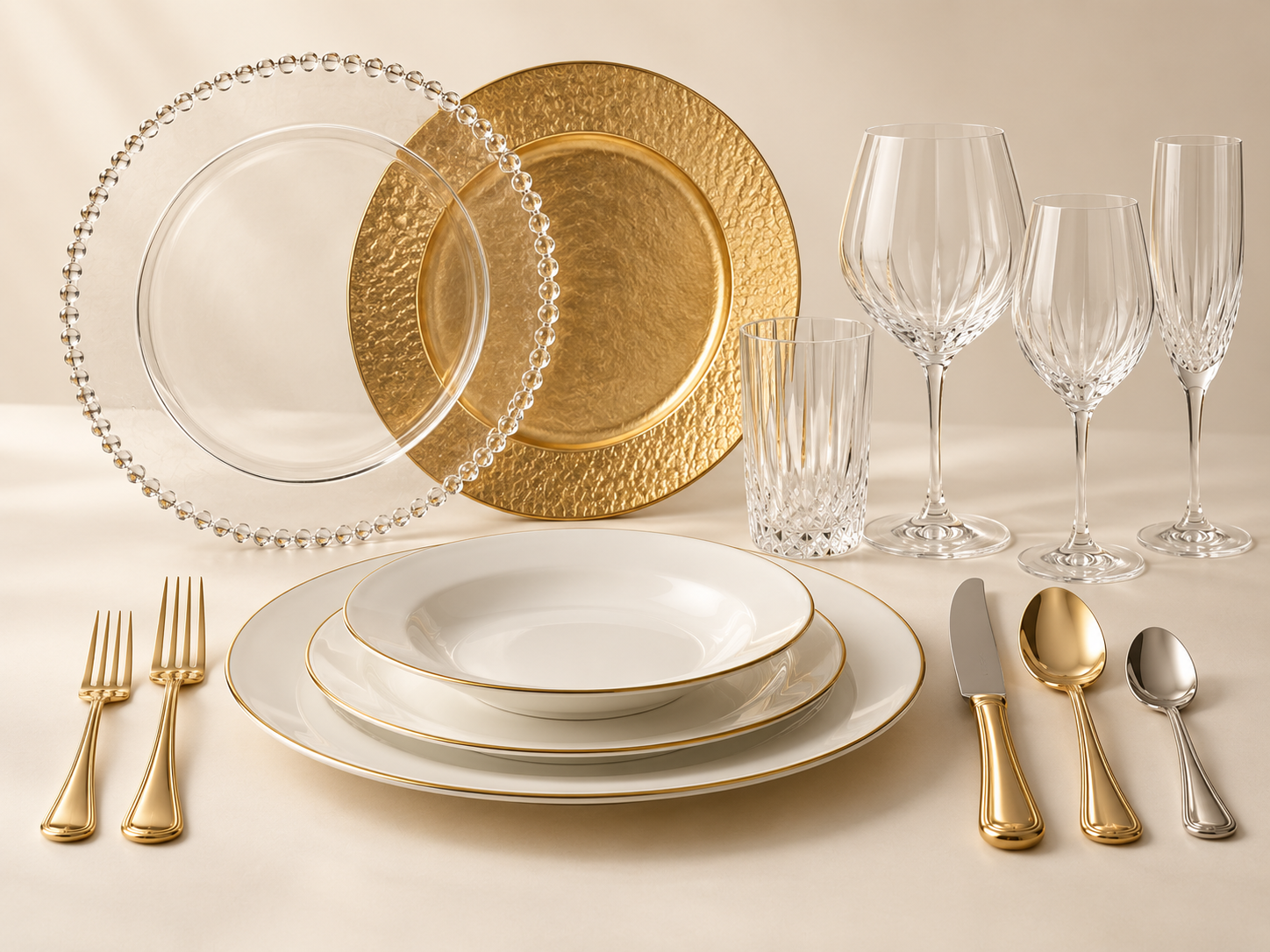 Representative chargers, dinner plates, glassware and gold and silver utensils