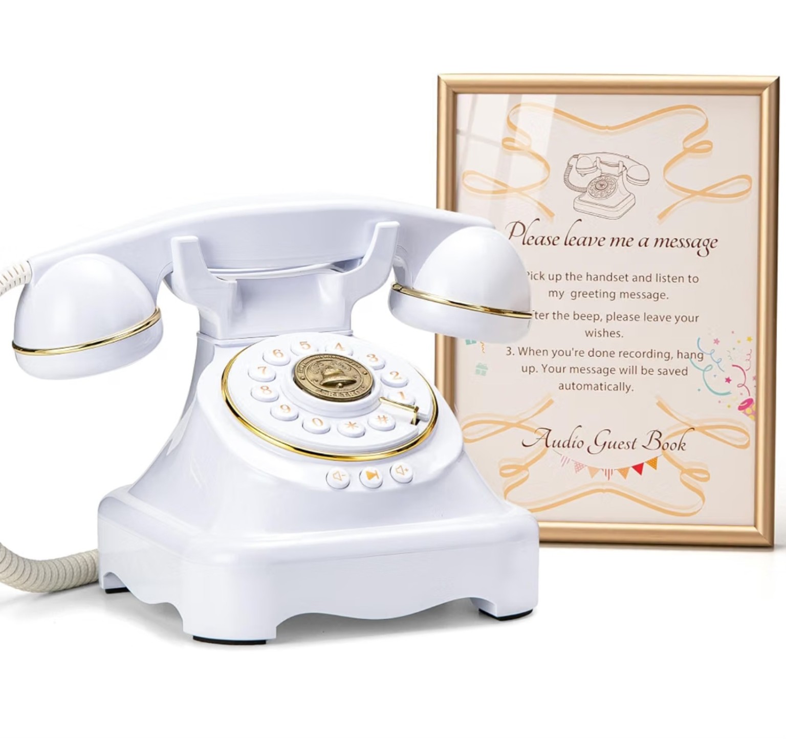 White vintage audio guest book telephone with gold details and instruction sign